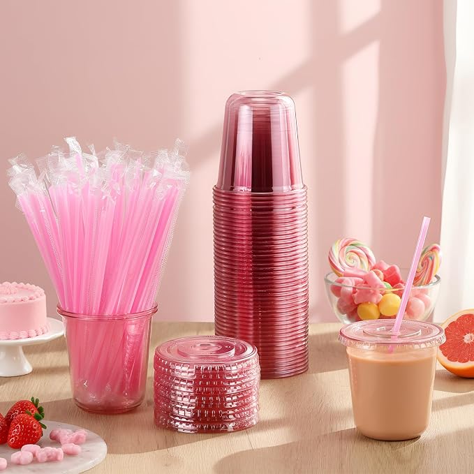 Ziliny 50 Sets Clear Round Bottom Plastic Cups with Lids and Straws, Cute Disposable Drinking Coffee Cups, for Christmas Valentine's Galentine's Day Party Wedding Birthday Supplies (12oz,Pink)