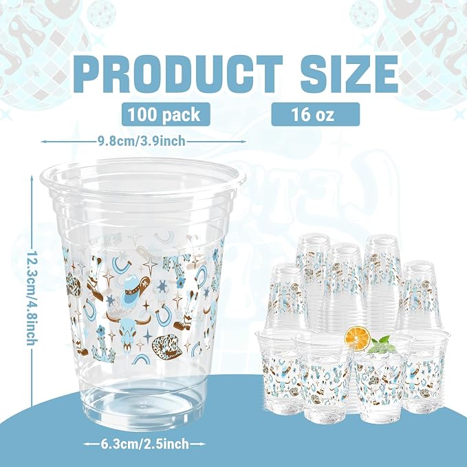 100 Pcs Cowboy Party Plastic Cups, 16 oz Clear Blue Western Cowboy Disposable Cups Bulk for Cold Juice Cold Beverage Holiday Favor Birthday Party Supplies