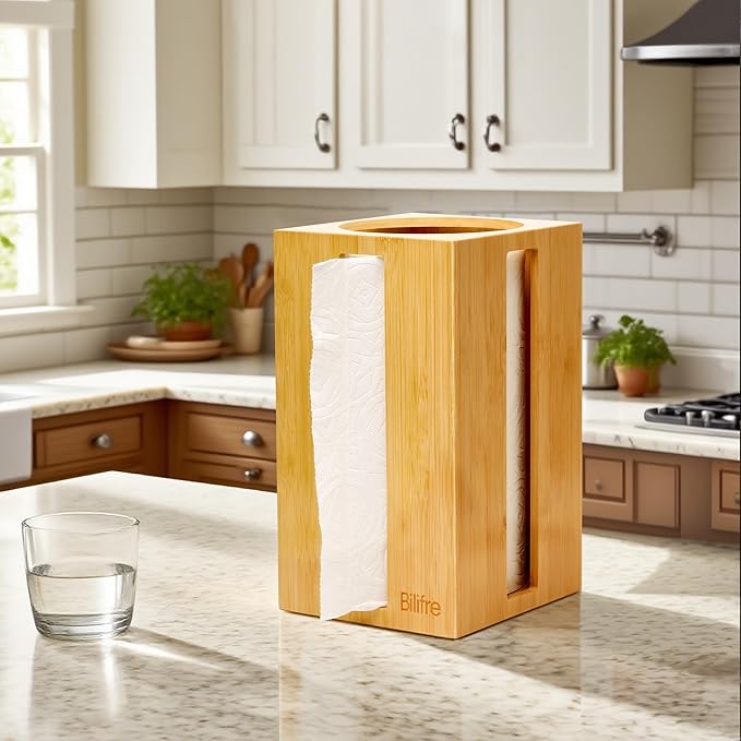 Bamboo Paper Towel Holder with Hooks – One-Hand Tear, Dustproof, No-Drill Adhesive & Wall Mount, Under Cabinet/Countertop Dispenser for Kitchen, Garage & Workshop | Fits Jumbo Roll