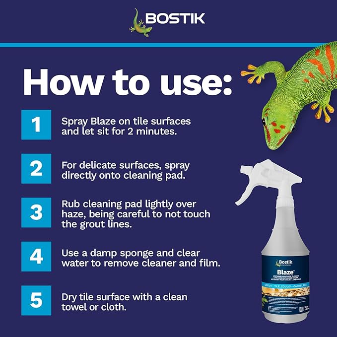 Bostik BLAZE Ready-to-Use Professional Grade Urethane Grout Haze Floor & Surface Cleaner | For Use on Ceramic, Porcelain, Metal, Glass, Marble, Granite, & Other Tile Types | 1 x 24oz Spray Bottle