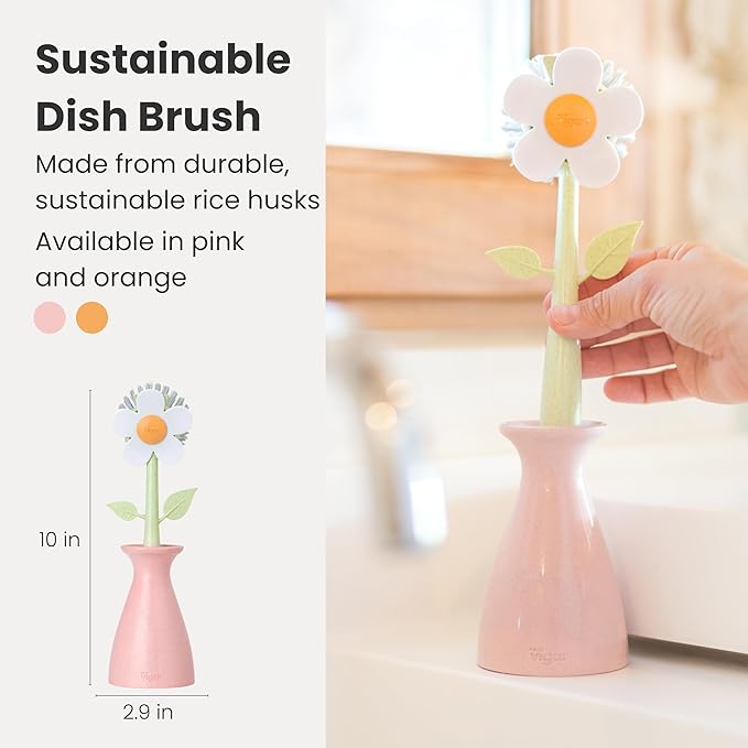 Vigar Florganic Bundle of 2 - Daisy-Shaped Dish Brush with Vase Holder + Daisy Sponge Holder with Suction Cup and Sponge for Kitchen Sink Caddy