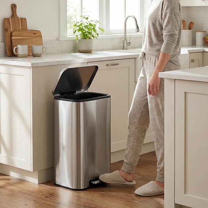 8 Gal/13.2 Gal Stainless Steel Kitchen Trash Can, Step Garbage Can with Soft-Close Lid & Removable Inner Bucket, Fingerprint-Proof Waste Bin with Wide Non-Slip Pedal for Home Office Bathroom