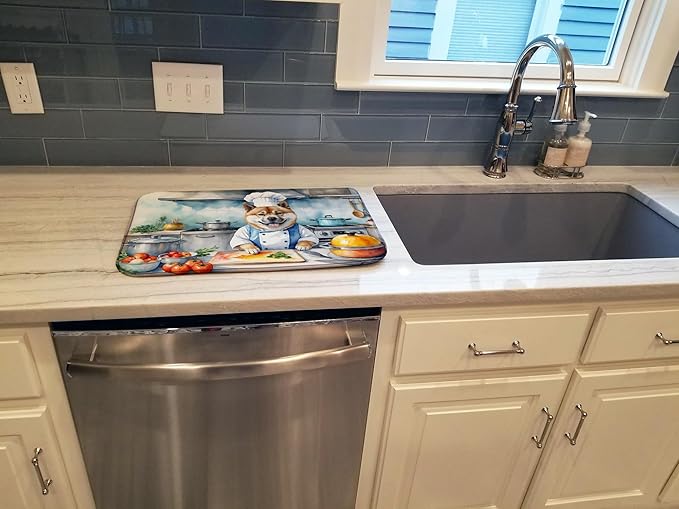 Caroline's Treasures DAC6182DDM Akita The Chef Dish Drying Mat Absorbent Dish Drying Mat Pad for Kitchen Counter Dish Drainer Mat for Countertop, 14 x 21", Multicolor