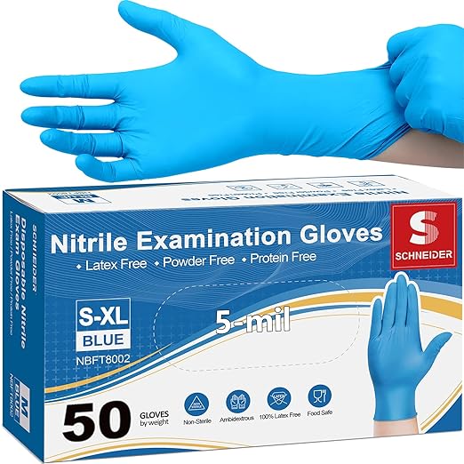 Schneider Nitrile Exam Gloves, 5 Mil, Blue, Latex-Free & Powder-Free Disposable Gloves, Textured Grip, for Medical Exam, Food Handling, Cleaning & Industrial Use