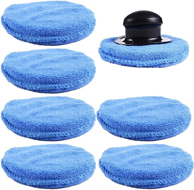 Garneck 7pcs Car Wax Applicator Pads Kit with 1pcs Handle 5'' Microfiber Soft Foam Waxing Pad with Grip Handle for Car Furniture Glass Boat Polishing Sanding Cleaning Blue