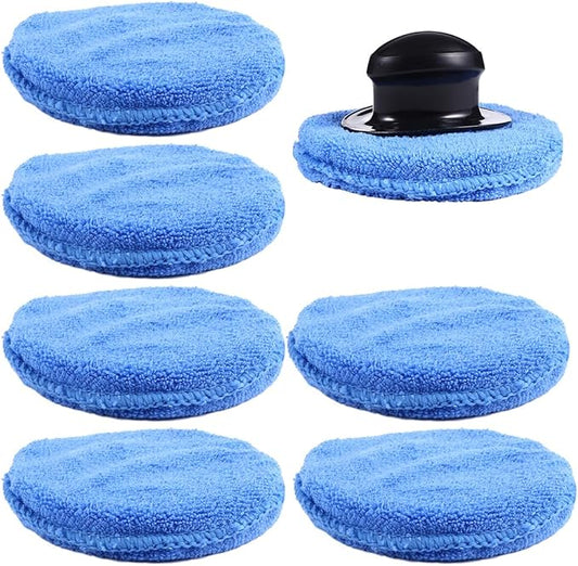 Garneck 7pcs Car Wax Applicator Pads Kit with 1pcs Handle 5'' Microfiber Soft Foam Waxing Pad with Grip Handle for Car Furniture Glass Boat Polishing Sanding Cleaning Blue