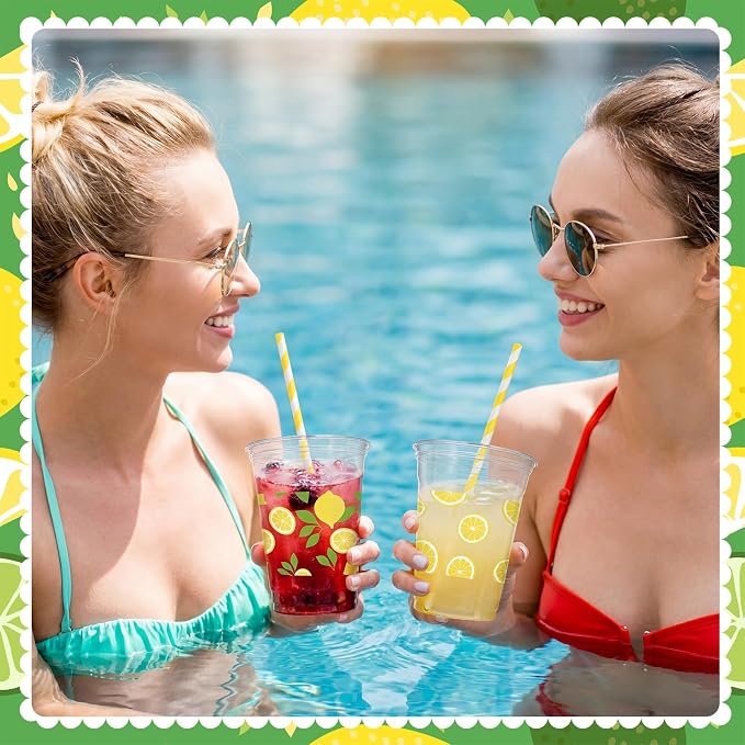 FoldTier 100 Pcs Lemon Plastic Cups with Lids and Straws 12oz, Disposable Lemon Drink Stand Cups for Birthday Wedding Bridal Baby Shower Supplies Summer Citrus Fruit Party Decorations