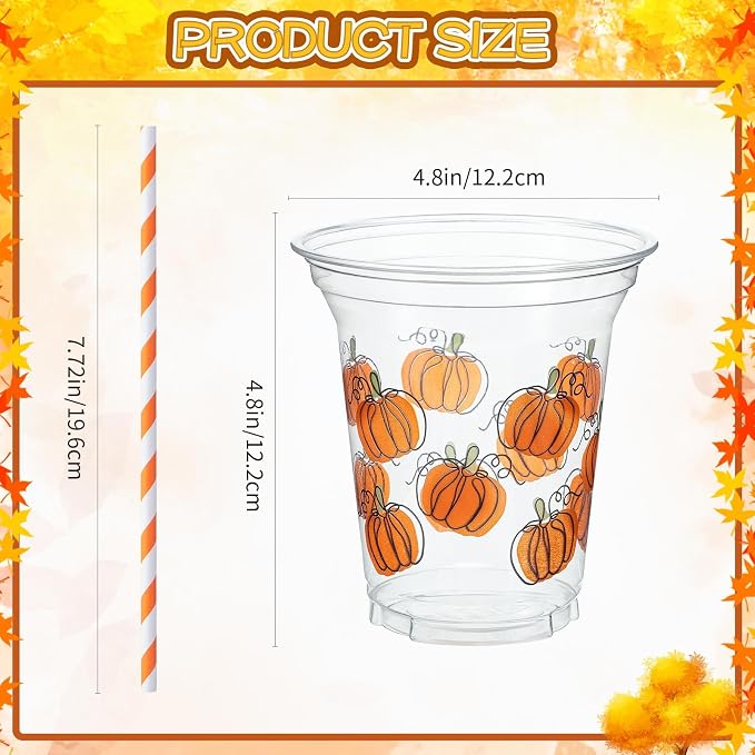 Umigy 100 Pack Honey Bee Plastic Disposable Cups with Lids and Straws 12 oz Disposable Cups for Juice Water Coffee Summer Party Sports Party Supplies(Pumpkin)