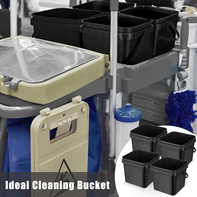 Jingmore 4 Pcs Plastic Bucket 5 Quart Square Bucket Utility Small Pail with Handle Sturdy Pail Organizer for House Cleaning Storage Livestock Feeding Car Washing Food Storage, No Lids(Black)