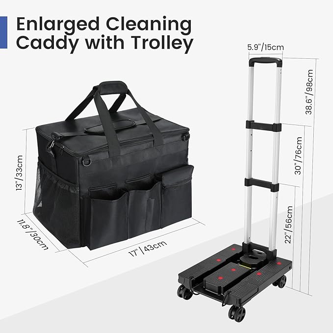 Housolution Extra Large Rolling Cleaning Caddy Bag with Detachable Trolley, Upgraded 360° Free Rotating with 5 Wheels and Dust-Proof Lid, Professional Cleaning Supplies Bag for Housekeepers, Black