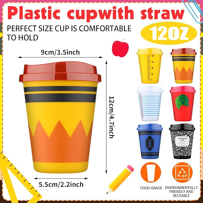 Skylety 24 Pcs Back to School Cups Bulk 12oz Classic and Pastel Style Reusable Plastic Coffee Cups with Lids First Day of School Gifts for Teachers Students Party Favors Supplies (Classic)