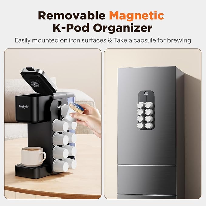 Tastyle Hot & Iced Coffee Maker with Magnetic K-Pod Organizer (Pods Not Included), with 30 Descaler Cleaner Tablets, 4-5 Cups Coffee Maker & Single-serve Brewer for K Cup & Grounds