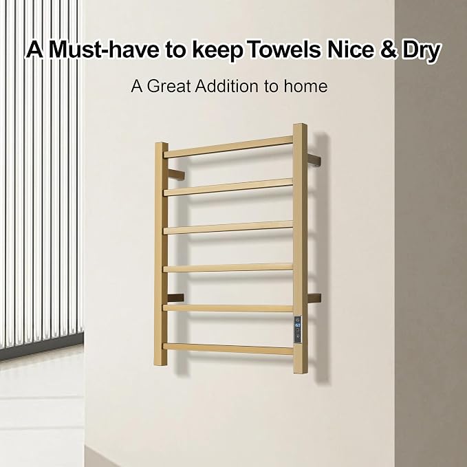 Electric Heated Towel Warmer - Wall Mounted Bathroom Towel Rack, Plug-in Design & Gold Brushed Stainless Steel 6 Bar Gold with Timer & Temperature Control