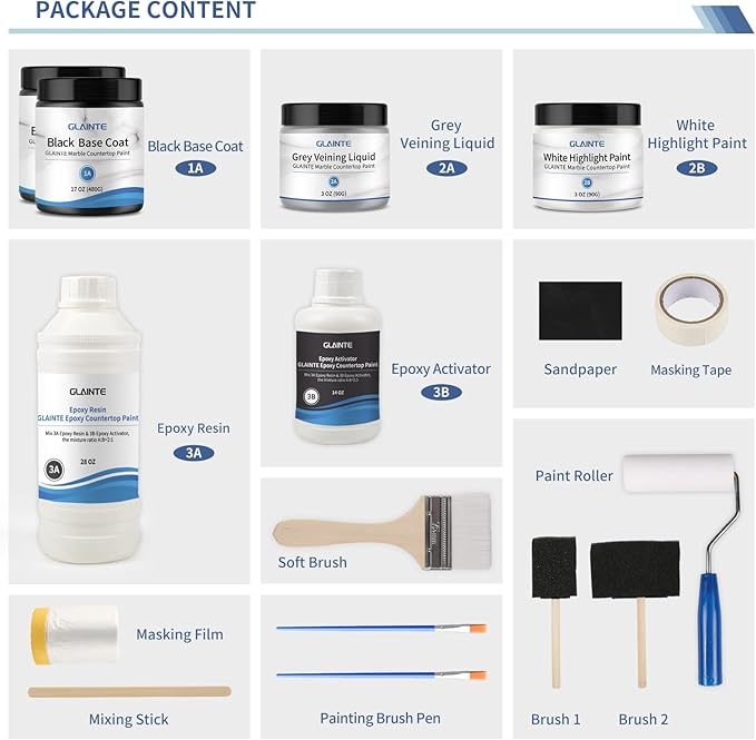 GLAINTE Black Marble Countertop Paint Kit Epoxy Countertop Refinishing Paint Kit, Kitchen Bathroom Coating For Marble, Granite, Formica, Laminate Cover 38 Sq.Ft