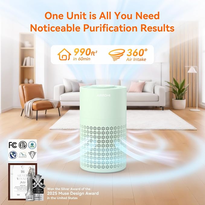 AIRROMI Air Purifier for Bedroom with HEPA 3-in-1 Filter, Pet Air Purifier for Home Cat Pee Smell, Covers Upto 990 Ft², Quiet 360°intake Air Cleaner for pet hair,allergies,Dust,Smoke A2001 Green