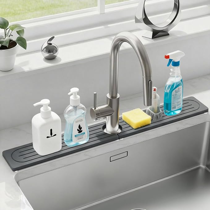 Stone Faucet Mat for Kitchen Sink with Raised Feet, Durable Diatomite Fast-Drying Stone Tray, Non-Slip Decorative Sink Protector for Kitchen Bathroom Counter, Easy Clean, Pure black, 30" x 4"