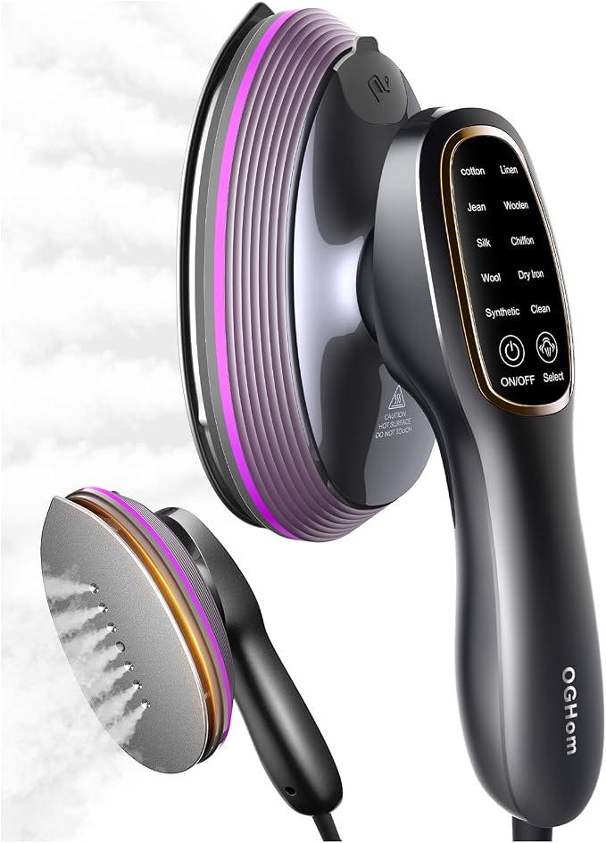 OGHom 2-in-1 Steamer & Iron for Clothes, 120V Handheld Clothes Steamer Iron, 1200W Fast Heat in 20s, Quick Wrinkle Removal 10 Adjustable Levels for Delicate to Thick Fabrics - RosePink