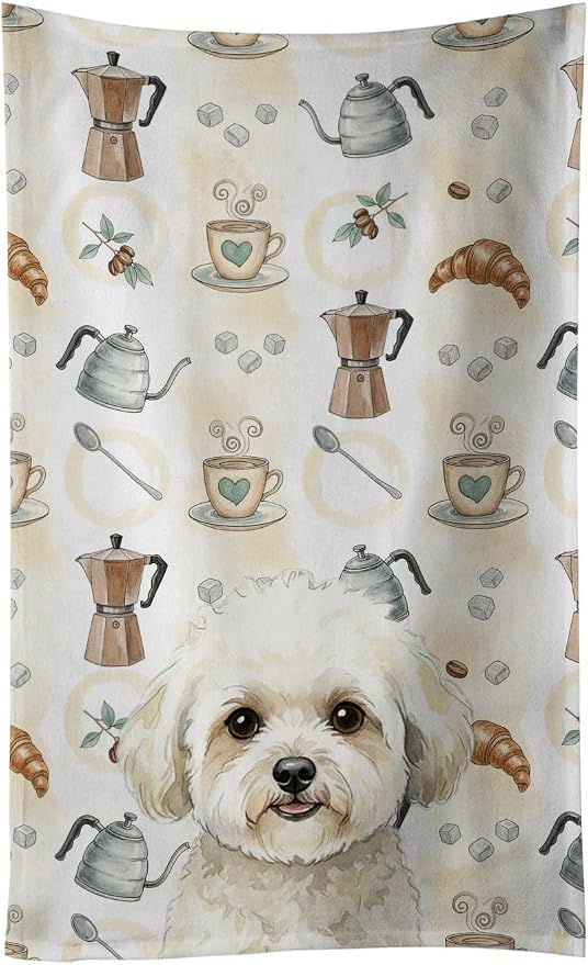 Caroline's Treasures White and Cream Bichon Frise Coffee Bar Kitchen Towel Velour Plush Front and Cotton Loop Back Machine Washable