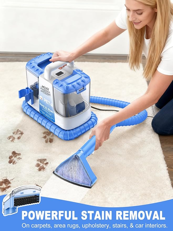 Portable Carpet & Upholestery Cleaner Machine for Pets, Spot, Stain, Couch Cleaner Machine with Powerful Suction and and Cleaning Solution, Car/Auto Detailer, Lightweight Compact Design, Blue