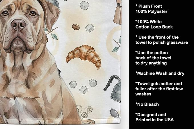 Caroline's Treasures Isabella Dogue de Bordeaux Coffee Bar Kitchen Towel Velour Plush Front and Cotton Loop Back Machine Washable