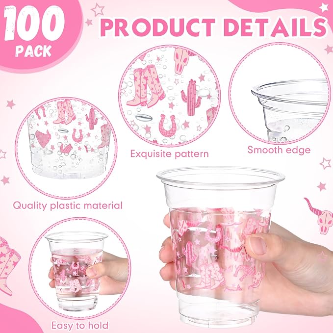 Jingmore 100 Pcs Western Plastic Cups 12 oz Clear Disposable Plastic Cowboy Cowgirl Drinking Cups Bulk for Boho Preppy Baby Shower Birthday Wild West Party Decoration Supplies(Western Cowgirl,Pink)