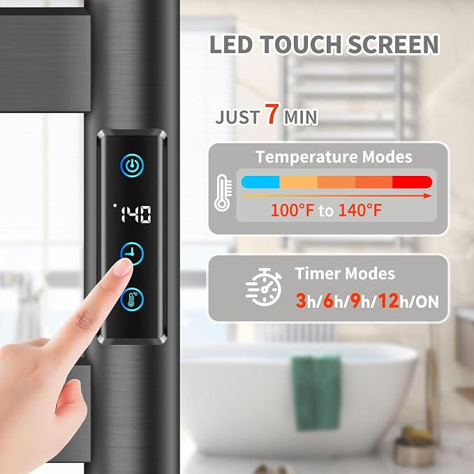 Heated Towel Rack for Bathroom, Hot Towel Warmer Rack Large 10 Bar Electric Hot Towel Warmer, Stainless Steel Wall Mounted Rack with LED Built-in Timer, Plug-in, Fast Heating, Black