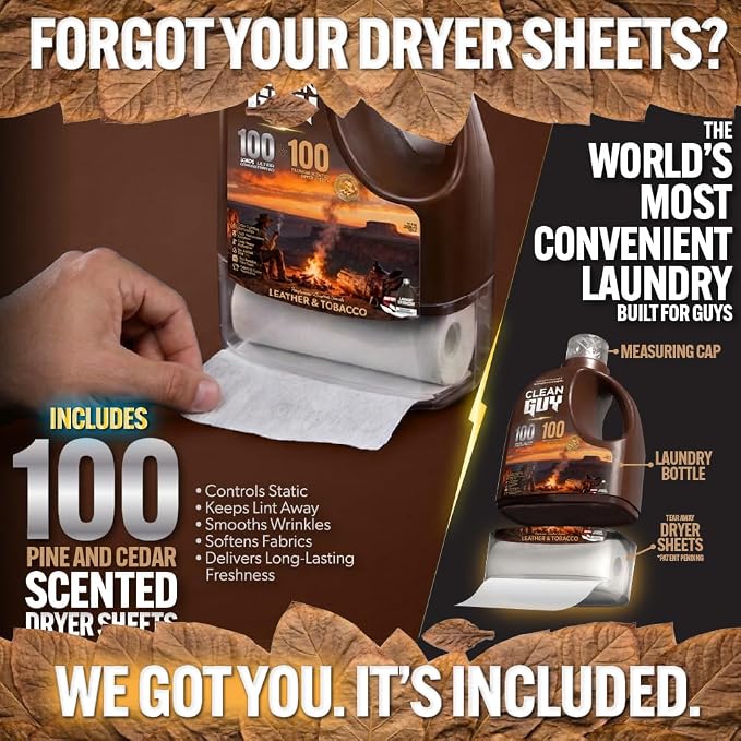 Laundry Detergent with Dryer Sheets | Powerful Cleaning, Soft & Fresh Clothes, Long-Lasting Aroma - Leather & Tobacco (100 Loads PLUS 100 Dryer Sheets)