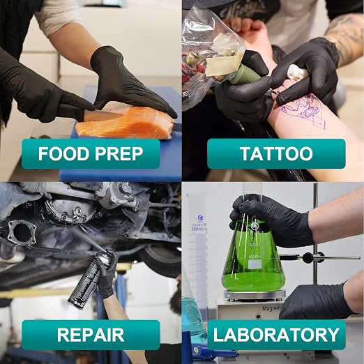 Black Vinyl Exam Gloves 4 mil 100-ct Box + Thicker Nitrile Exam Gloves 5 mil 100-ct Box(Large)