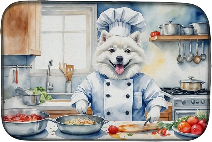 Caroline's Treasures DAC6187DDM American Eskimo The Chef Dish Drying Mat Absorbent Dish Drying Mat Pad for Kitchen Counter Dish Drainer Mat for Countertop, 14 x 21", Multicolor