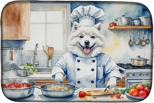 Caroline's Treasures DAC6187DDM American Eskimo The Chef Dish Drying Mat Absorbent Dish Drying Mat Pad for Kitchen Counter Dish Drainer Mat for Countertop, 14 x 21", Multicolor