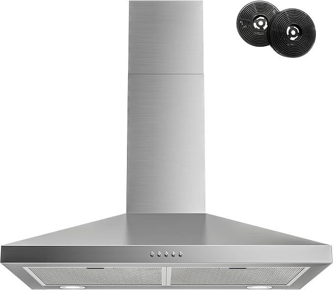 FIREGAS Range Hood 30 Inch, Stainless Steel Wall Mount Kitchen Hood 450 CFM with 3 Speed Exhaust Fan, Ducted/Ductless Convertible, Stove Vent Hood with Aluminium Mesh and Charcoal Filters
