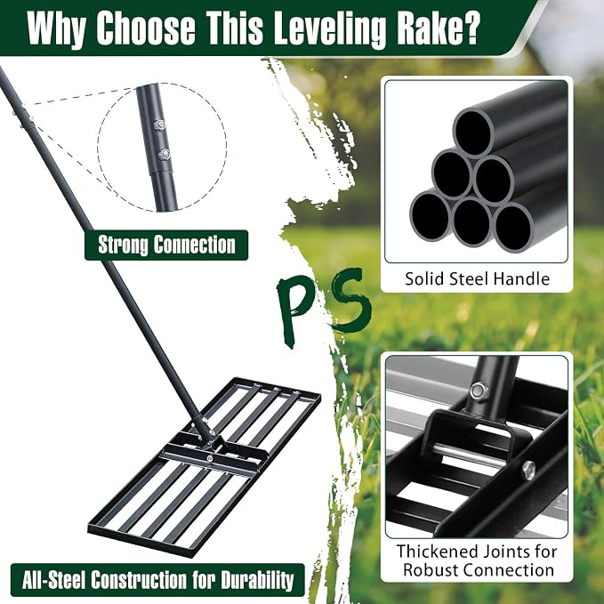 Jardineer 45 Inch Heavy Duty Lawn Leveling Rake, 72 Inch Long Handle Yard Leveler for Grass Soil, Ground Dirt Leveler Tool for Lawn, Garden, Golf Course Maintenance