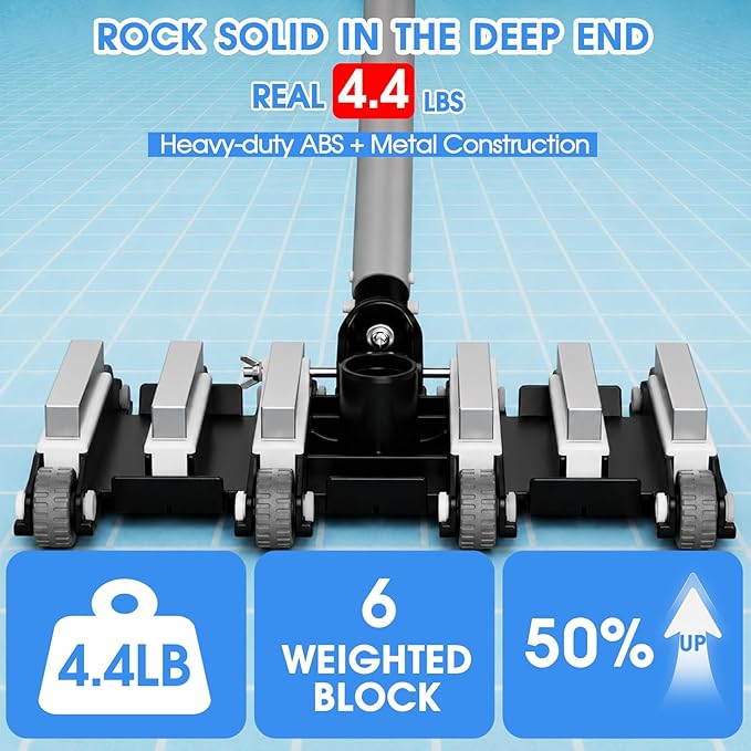 TidyMister 4.4LB Weighted Pool Vacuum Head with Direction Control Handle, Debris Flow Deflector,Vinyl-Safe Wheels,Heavy Duty Manual Suction Pool Vacuum Brush for Inground Pools,Suits 1.5&1.25 Hose