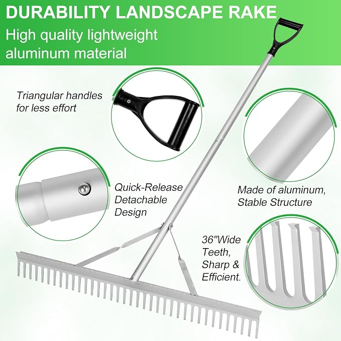 Pond Rake, 36" Aquatic Lake Weed Rake with 8.5' (102'') Adjustable Extension Pole, Rope and Float, 52' Throw, Aluminum Landscape Harrow for Lake, Lawns, Gardens, Beach