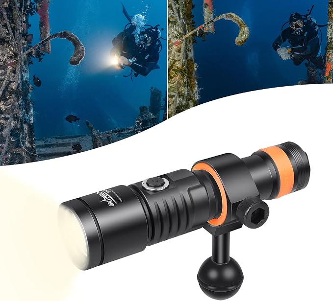 ORCATORCH D530V 1000 Lumen Scuba Dive Video Light 120 Degrees Wide Beam Angle, Underwater 150 Meters Diving Photography Light with Safety Lock Function Battery Power Indicator（5500K Warm White Light）