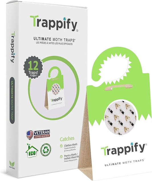 Trappify Adhesive Moth Traps for Clothes | Monitoring Pantry Moth Traps for House Indoor | Easy Setup Glue Trap for Kitchen, Cabinet, Cupboard, Storage Rooms (12 Pack)