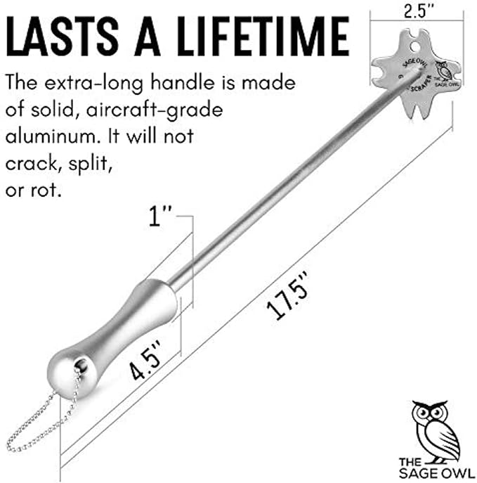 Sage Owl Stainless Steel BBQ Grill Scraper, Bristle-Free, 3-in-1, Silver, 17.5” Handle – Safe Grill Cleaner for Outdoor Grills, Includes Round and V-Shaped Grooves – Grilling Accessories for Men