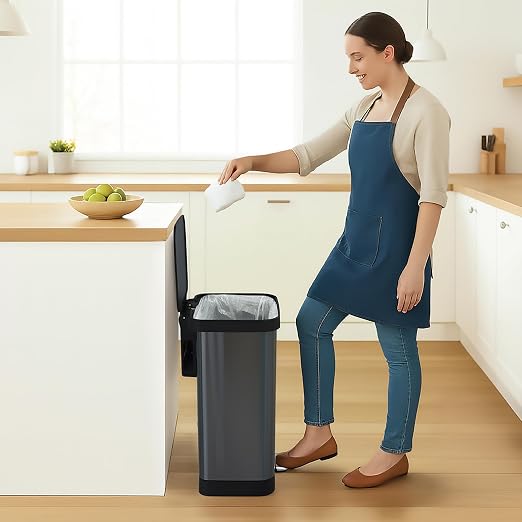 Glad 13 Gallon Stainless Steel Trash Can with Clorox Odor Protection | Large Metal Kitchen Garbage Bin with Soft Close Lid, Garbage Bag Rings, Step On Foot Pedal and Waste Bag Roll Holder, Pewter