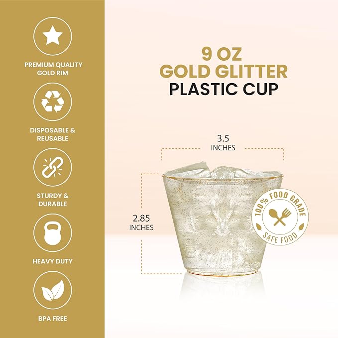 R-kay 9 oz Gold Glitter Plastic Cups For Party - 100 Pack Gold Plastic Cups - Hard Disposable Cups - Premium Heavy Duty Gold Cups - Disposable Cocktail Glasses - Party Cups