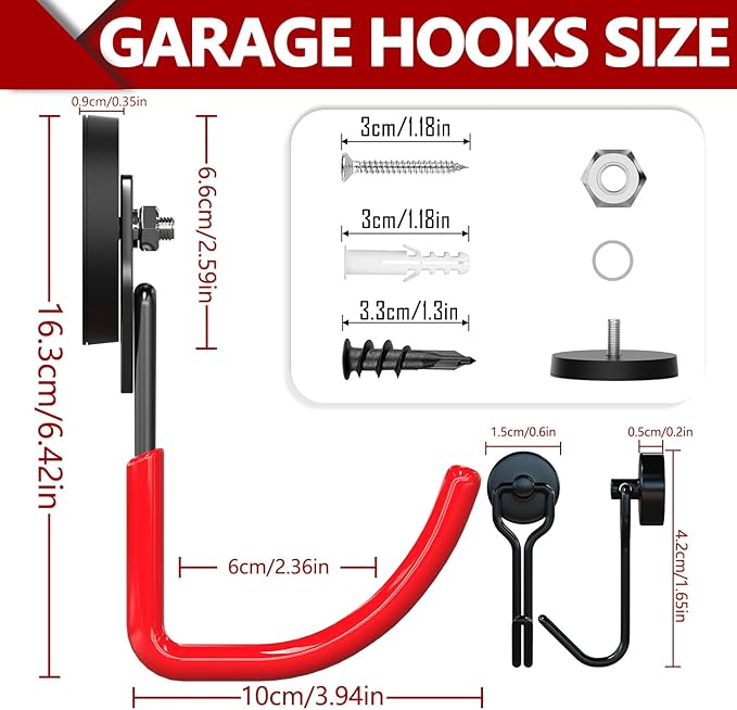 3-H Extra Strong Magnetic Hooks,Heavy Duty Large Anti-Slip Magnet Hooks J Shape,No-Drill Tool Holder for Garage,Power Drill,Garden Tools,Hose Storage,4 Pack Red