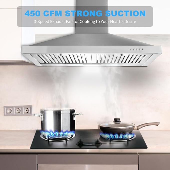 Tieasy Range Hood, Range Hoods 30 inch Stainless Steel, 450 CFM Kitchen Hood with LED Light Baffle Filters, 3 Speed Exhaust Fan Vent Hood
