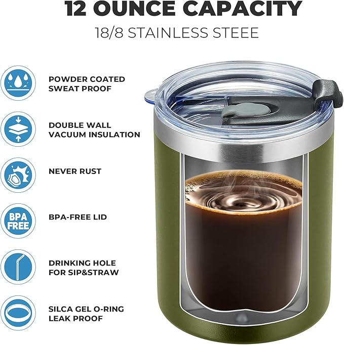 MEWAY 12 oz Lowball, Tumbler Stainless Steel Double Wall Vacuum Insulated Mug with Straw and Lid, Cleaning Brush ，Durable Powder Coated Insulated Coffee Cup for Cold & Hot Drinks (Army Green,4 pack)