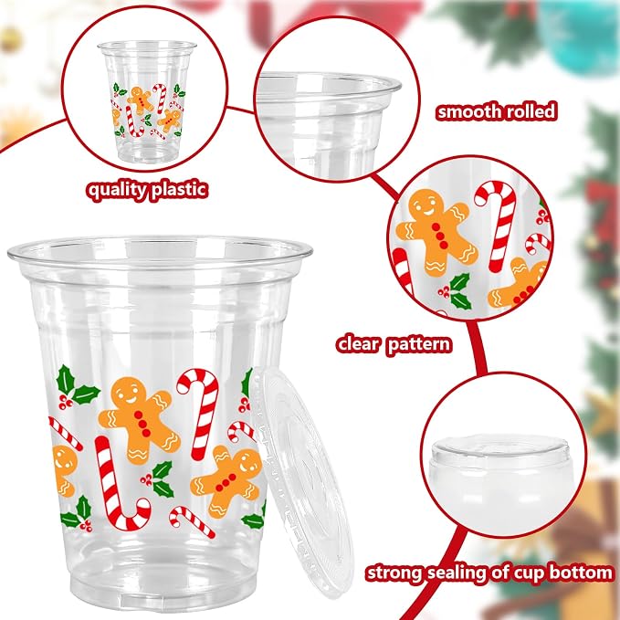 Whaline 50Pcs Christmas Plastic Cups with Lids & Straws 12oz Gingerbread Man Candy Cane Disposable Clear Drinking Cups for Xmas Home Party Supplies