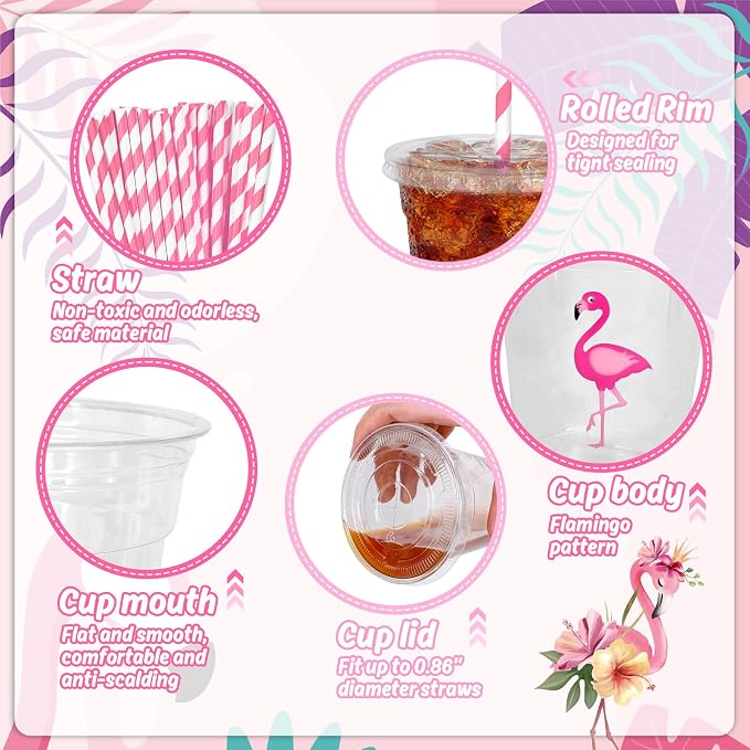 Whaline 50Pcs Flamingo Disposable Plastic Cups with Lids and Straws 12 Oz Pink Flamingo Cold Beverage Drinking Cups for Summer Tropical Hawaiian Birthday Bachelorette Bridal Shower