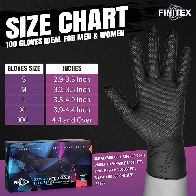 FINITEX Industrial Diamond Texture Nitrile Black Glove - 100/1000PCS Chemical Resistant 6.3mil Mechanic Disposable Gloves