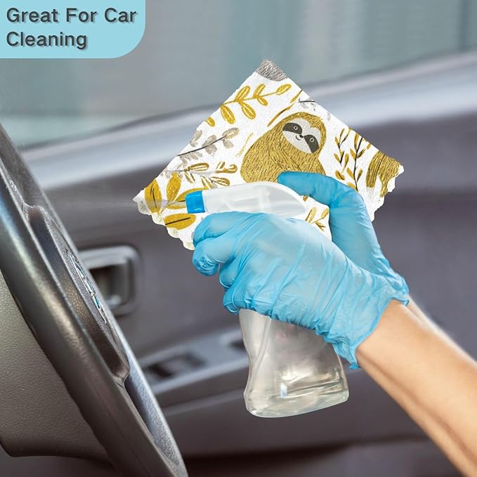 Cartoon Sloths Leaves White Kitchen Towels Dish Cloths Set of 6 Microfiber Cleaning Cloths for Cars Super Absorbent Machine