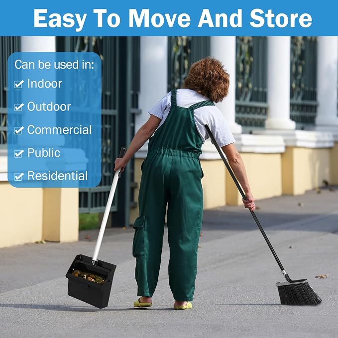 Lallisa 4 Pack Commercial Broom and Dustpan Combo Set 58'' Long Handle Upright Broom with 4-Layer Bristles Standing Dustpan Heavy Duty Lobby Dust Pan Bulk for Home Kitchen Office Indoor Outdoor Use