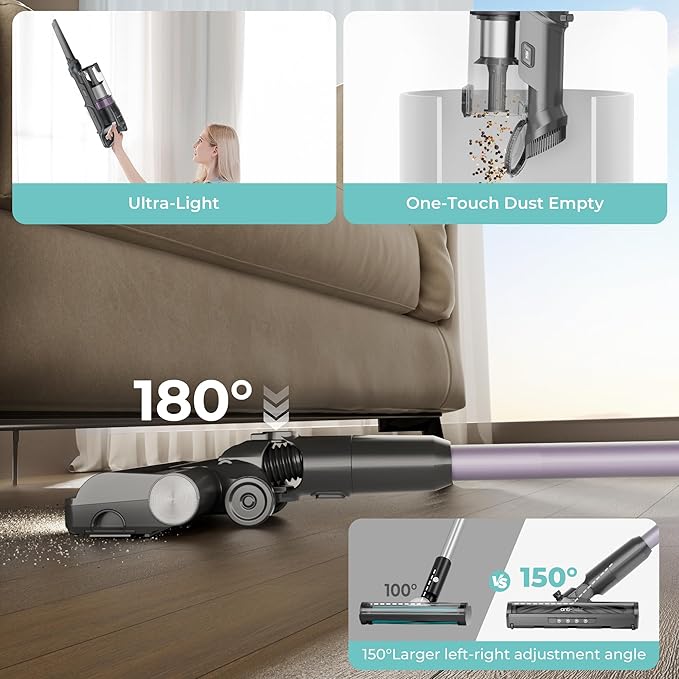 CANDY Cordless Vacuum Cleaner,45Mins Vacuum Cleaners for Home,Stick Vacuum,Strong Suction,Removeable Battery,Anti-Tangle,One Click Clean,Lightweight Handheld for Hardwood Floor Carpet Pet Hair Car