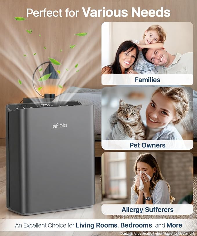 Afloia Air Purifier for Large Rooms Up to 2,000 Sq. Ft. with PM2.5 Display | Smart Auto Mode, 3-Stage Filter, Ideal for Bedrooms, Helps Capture Pet Dander, Pollen, Dust, And Smoke
