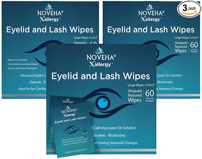 NOVEHA 180Pcs Allergy Relief Eyelid Wipes | Pre-moistened Hypoallergenic Eye Cleansing Pads, Reduce Itchiness, Redness & Discomfort Caused By Allergy, Clean, Soothe & Remove Debris (3 Pack)